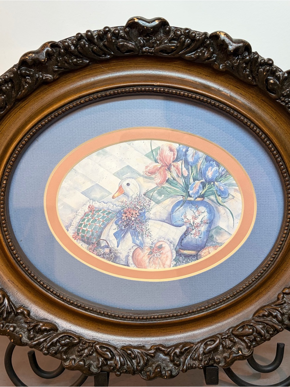 Vintage 80’s Ornate Victorian Oval Wood‎ Picture Frame 11x13 Goose blue ribbon